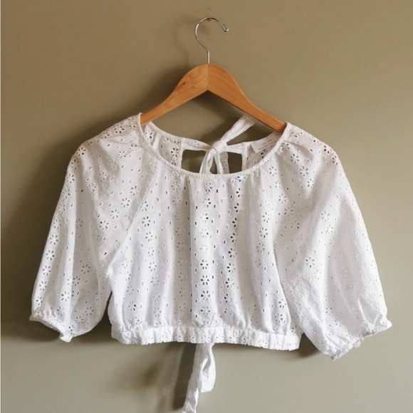OAK + FORT Tops - Oak + Fort “The Tie Back” White Cotton Cropped Eyelet Tie Back Top Blouse